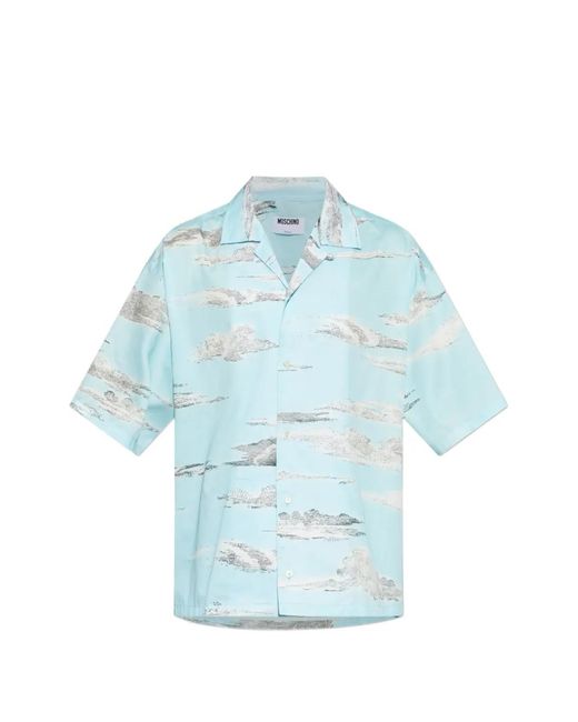 Moschino Blue Cloud-Print Camp-Collar Shirt for men