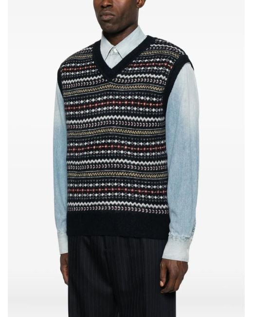 DUNST Black Fairisle-Pattern V-Neck Sweater for men