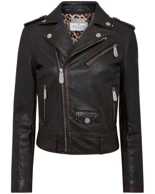 Philipp Plein Black Logo-patch Leather Biker Jacket