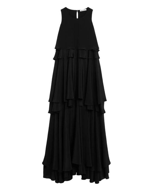 AMI Black Blended Silk Long Dress With Ruffles