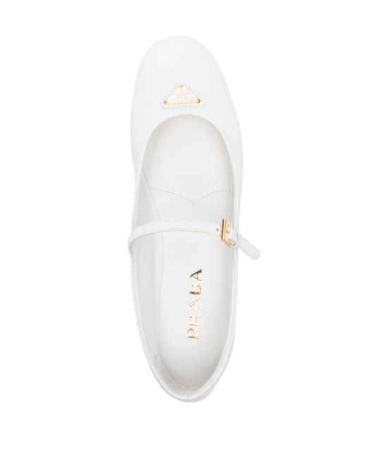 Prada White Logo-triangle Leather Ballerina Shoes