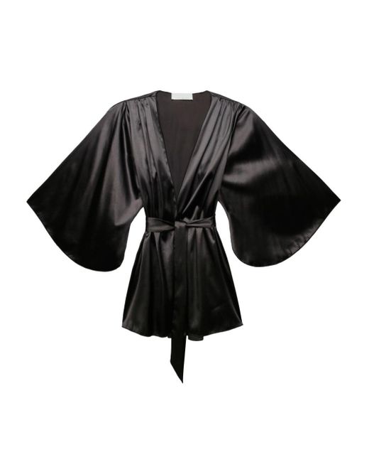 Wide-sleeve silk-satin robe Fleur du Mal en coloris Black