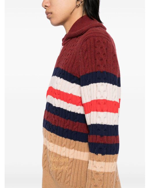 Maison Kitsuné Red Striped Cable Zipped Cardigan