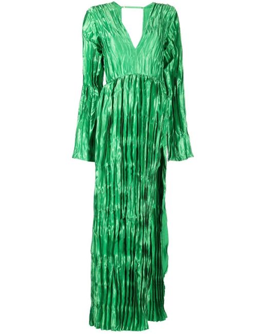L'idée Green Long-sleeve Plissé Maxi Dress