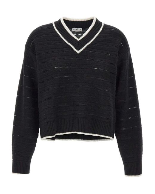 Marella Vネック リブセーター Black