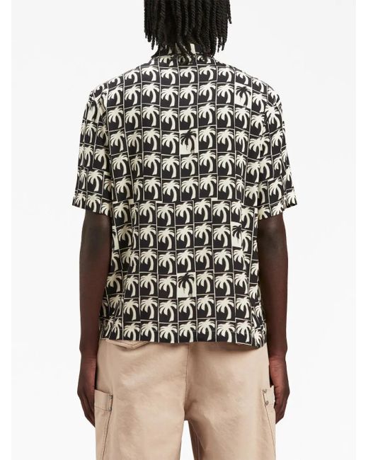 Palm Angels White Palm-Tree Print Bowling Shirt for men