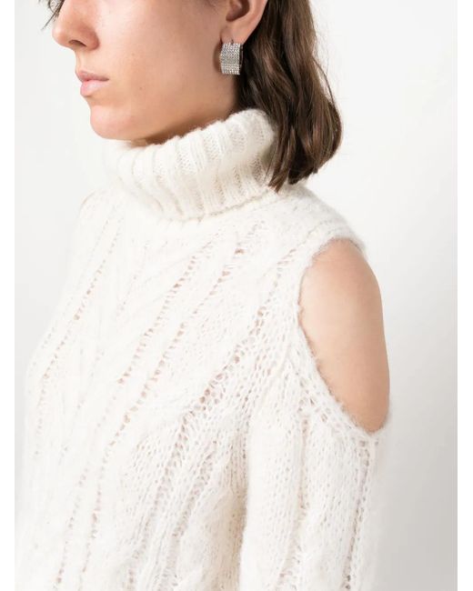 P.A.R.O.S.H. White Cold-Shoulder Cable-Knit Jumper