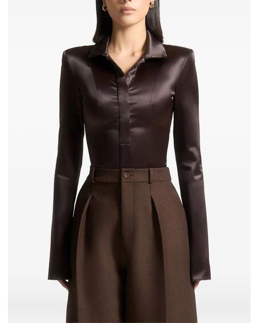 Manière De Voir Brown Wide Shoulder Satin Shirt Bodysuit