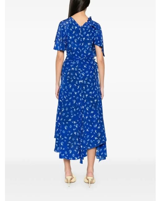 Victoria Beckham Blue Floral-Print Smocked Asymmetric Dress