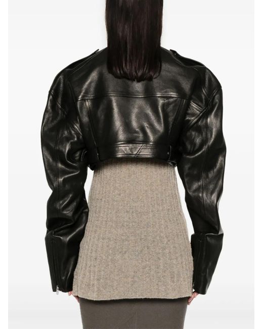 Rick Owens Black Micro Biker Cropped Leather Jacket