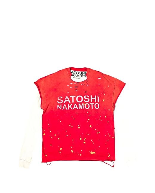 Satoshi Nakamoto Red Distressed Long-Sleeved T-Shirt for men