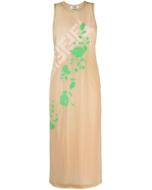 Fendi Green Roses Sleeveless Midi Dress