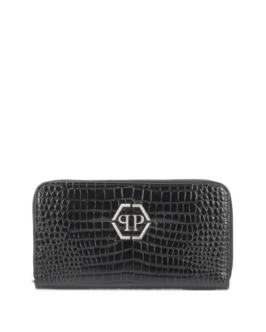 Philipp Plein Black Croc-Embossed Zip-Around Wallet