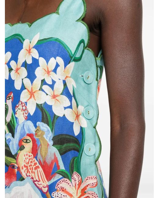 Farm Rio Blue Scalloped-Trim Graphic-Print Mini Dress