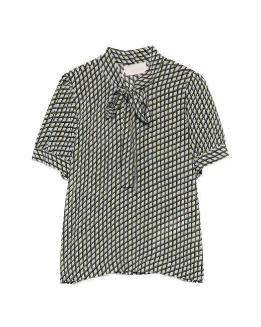 iBlues Gray Geometric-Print Pussy-Bow-Collar Blouse