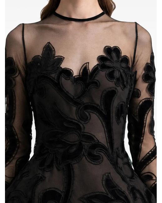 Gemy Maalouf Black Robe Longue À Fleurs Brodées