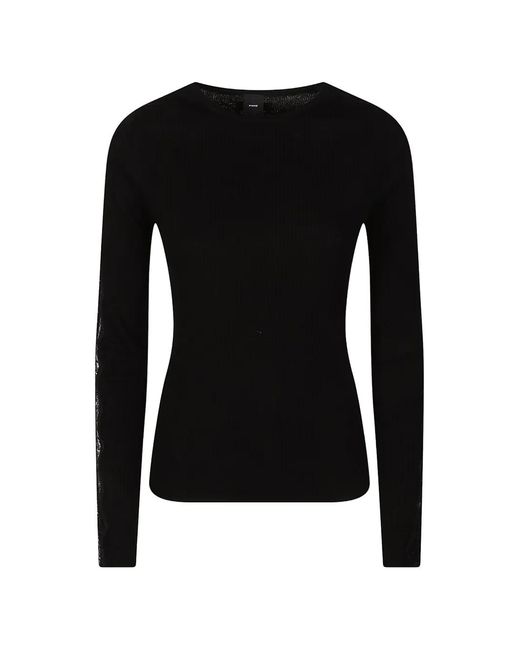 Pinko Black Ribbed-Knit Lace-Trimmed Sweater