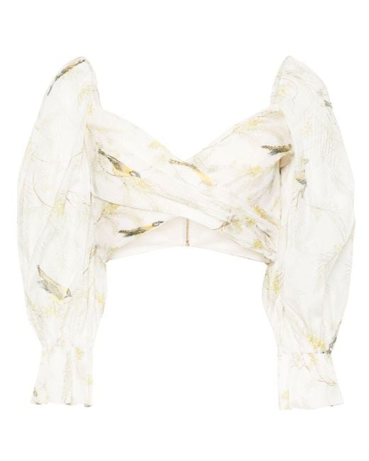 Zimmermann White Cropped-Bluse mit Acacia Birds-Print