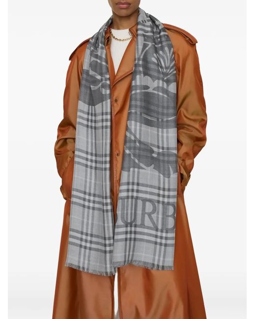 Burberry Gray Wide Ekd Check Wool Silk Scarf