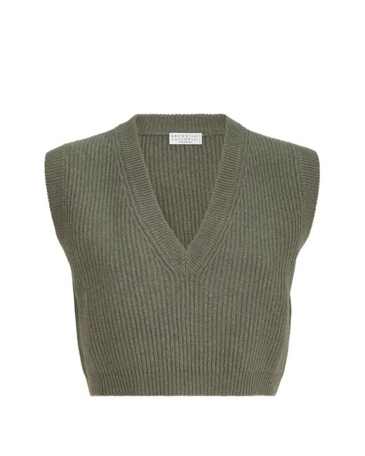 Brunello Cucinelli Green Cashmere Rib-Knit Sweater Vest