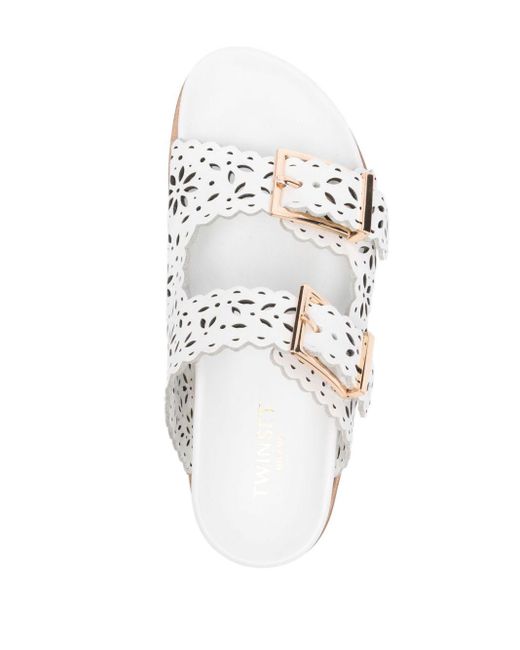 Twin Set White Laser-cut Leather Sandals