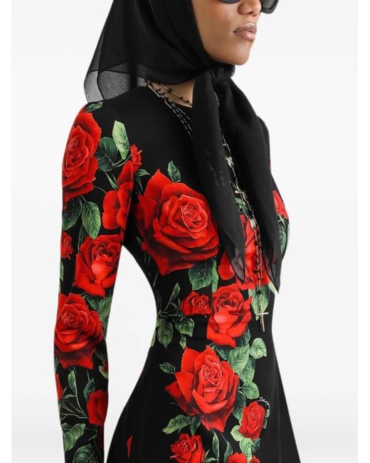 Dolce & Gabbana Red Rose-Print Charmeuse Mini Dress