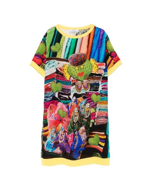 The Artistylist Blue Cactus-Print Short-Sleeve Mini Dress