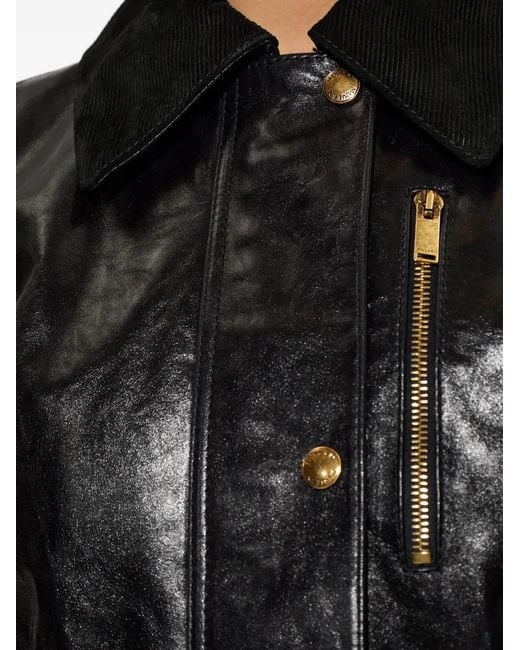 Alexander McQueen Black Corduroy-Collar Leather Jacket