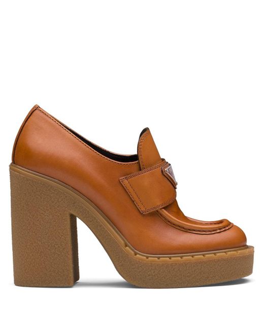 Prada Brown Logo Plaque Platform Loafers