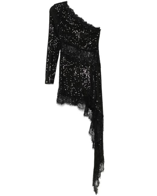 Nissa Black Lace-Insert Sequined Mini Dress