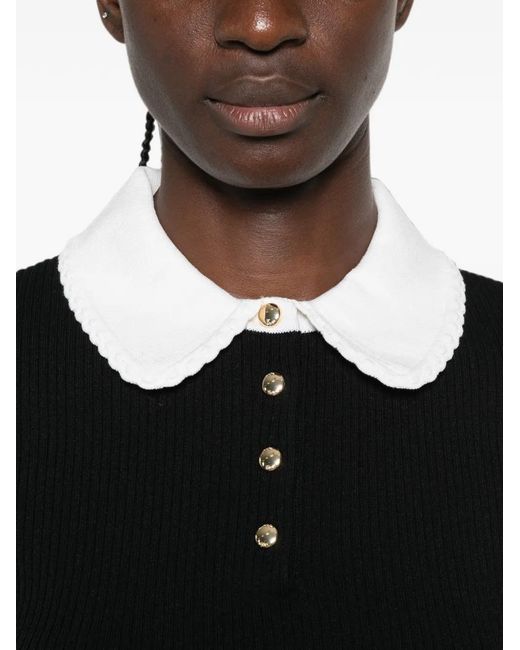 Maje Black Contrast-Collar Ribbed Polo Top