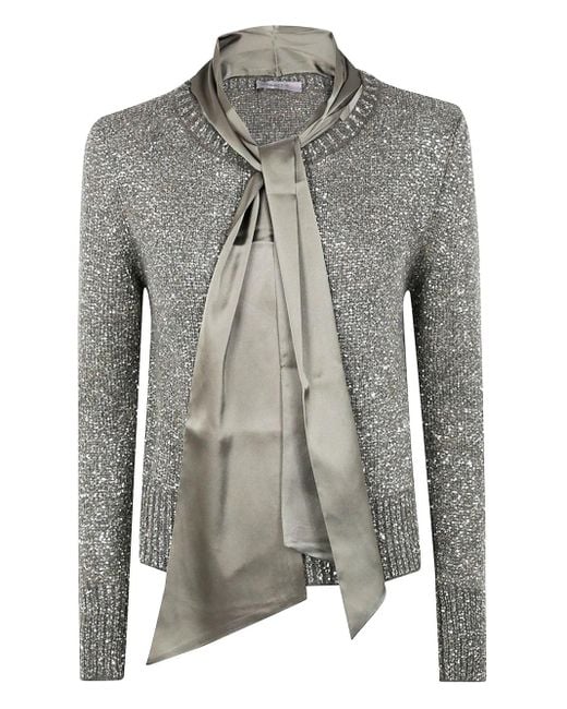 D.exterior Gray Sequin-Embellished Tie-Neck Sweater