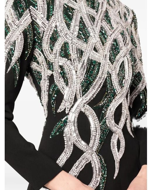 Dina Melwani Black Robe Longue À Broderies En Cristal