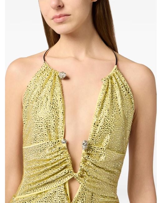 Philipp Plein Yellow Mini Dress Skull Piercing