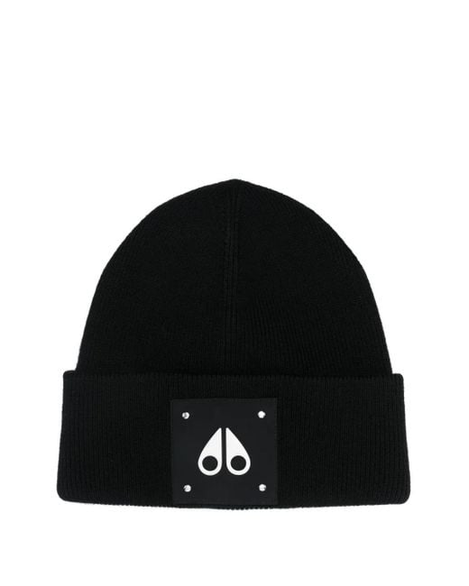 Moose Knuckles Black Logo Plaque Beanie for men