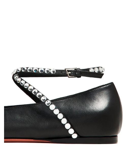 AMINA MUADDI Black Crystal Embellished Ankle-Strap Ballet Flats