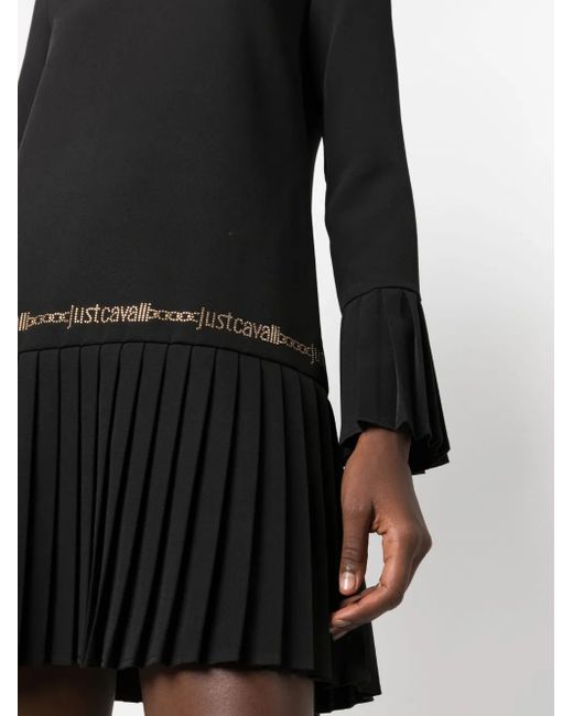 Just Cavalli Black Logo-Studded Pleat-Detail Minidress