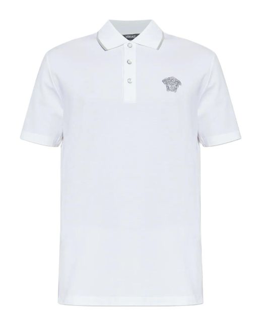 Versace White Classic Cotton Polo Shirt With Embroidered Emblem for men