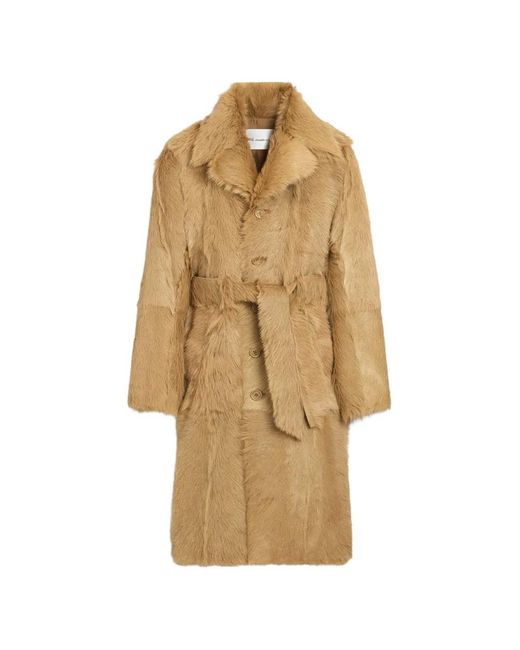AMI Natural Long Goat Leather Belted Coat