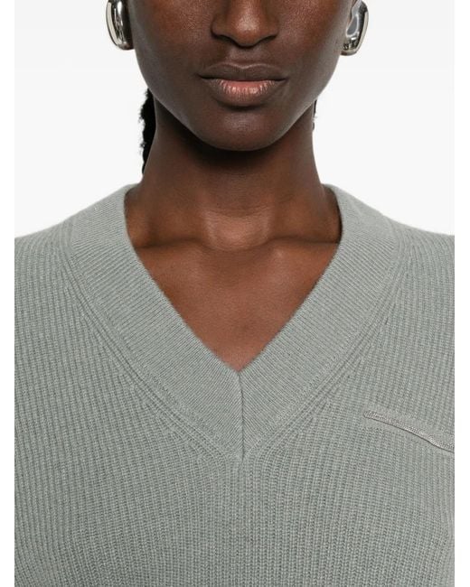 Peserico Gray Ribbed V-Neck Sweater