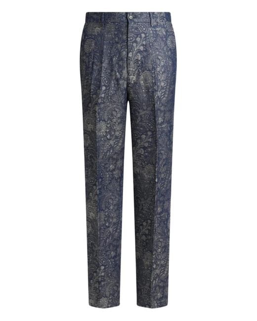 Etro Blue Jacquard Floral Paisley-Motif Trousers for men