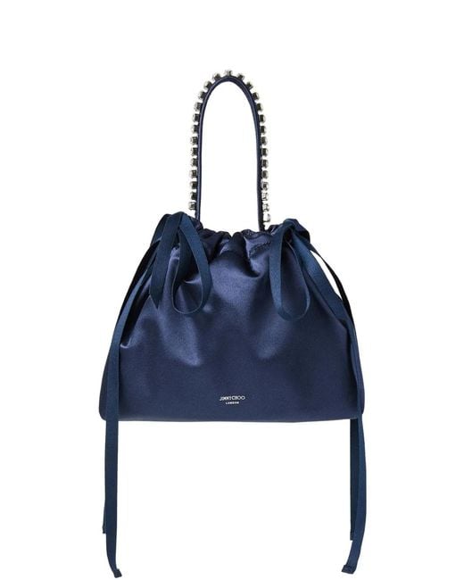 Jimmy Choo Blue Mini Crystal-Embellished Drawstring Tote Bag