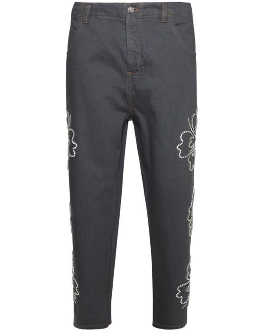 Bluemarble Gray Hibiscus Embroidered Jeans for men