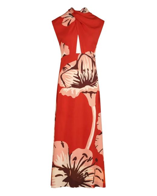 Johanna Ortiz Red Al Son De Las Astromelias Twisted Floral Midi Dress
