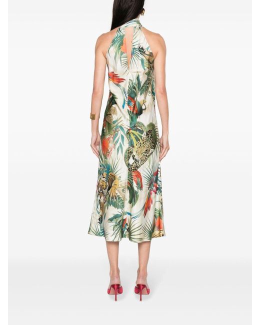 Roberto Cavalli Green Jungle-print Silk Midi Dress
