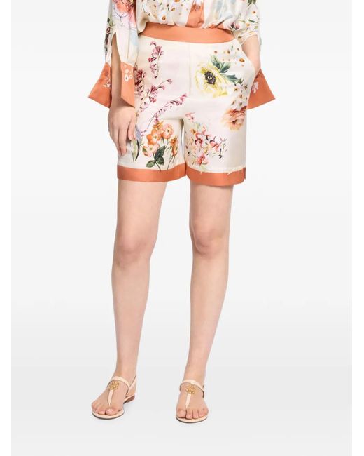 Elie Saab Natural Floral-Print Silk Shorts