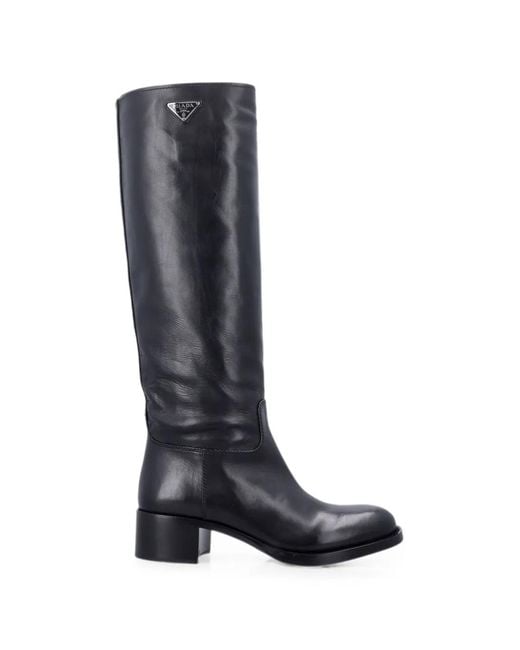 Prada Blue Logo-Plaque Leather Boots