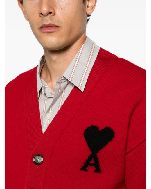 AMI Red Ami De Coeur Wool Cardigan for men