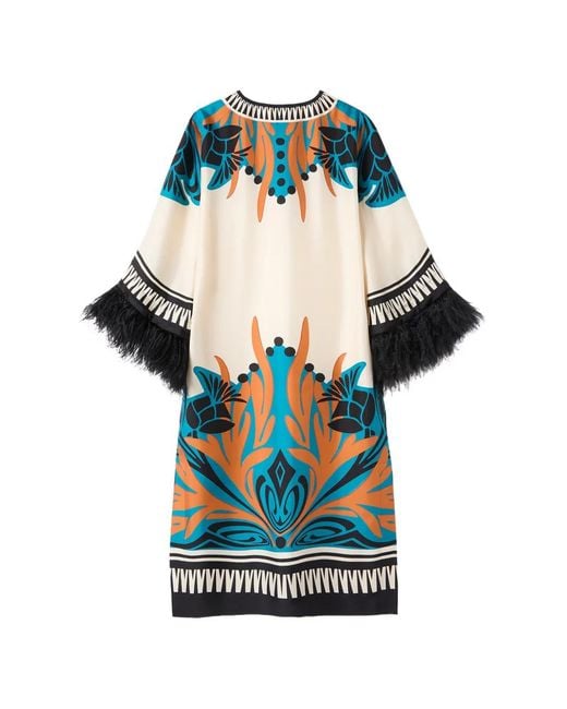 LaDoubleJ Blue Floral Feather Kaftan Midi Dress
