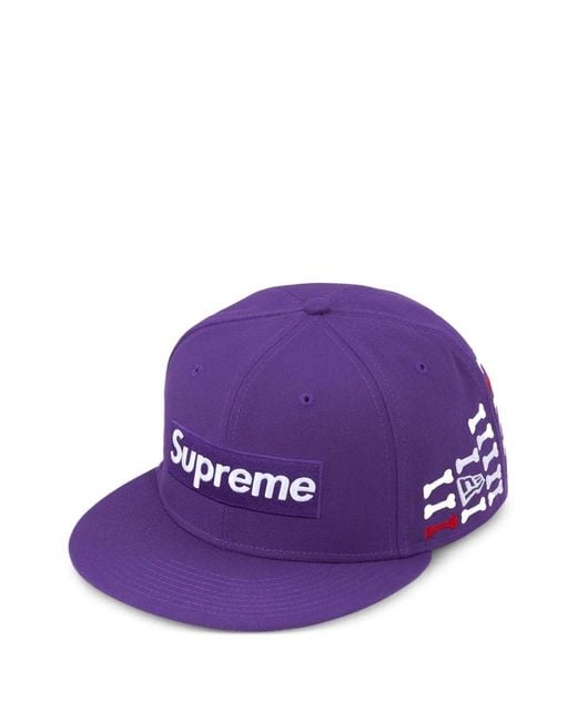 Supreme Purple X New Era Bones-Motif Logo-Embroidery Baseball Cap for men